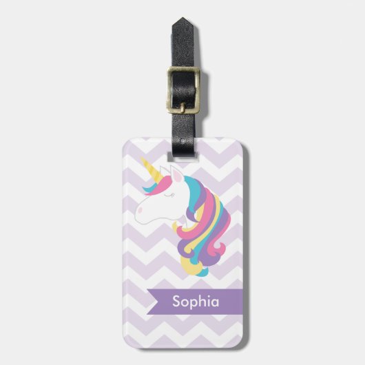 シェブロンのパーソナライズな紫色のユニコーン ラゲッジタグ (正面縦)