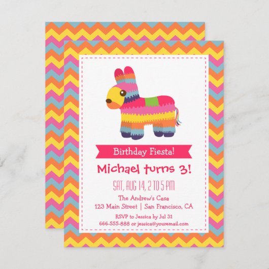 シェブロンのピニャータのメキシコフェスタの子供の誕生日のパーティー 招待状 (正面/裏面)