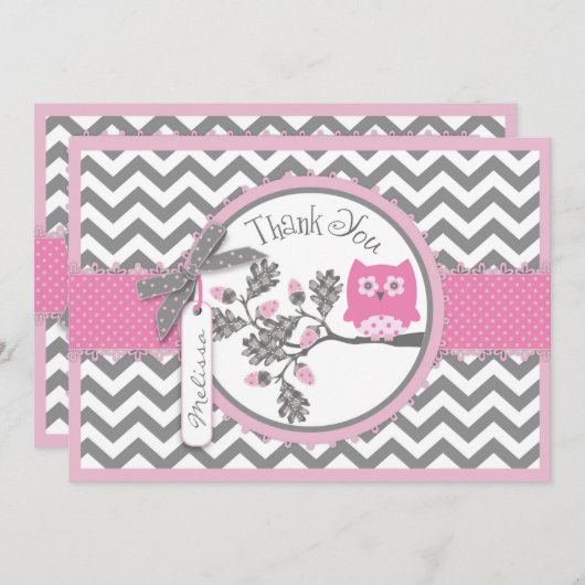 シェブロンのピンクのフクロウおよびプリントは感謝していしています サンキューカード (正面/裏面)