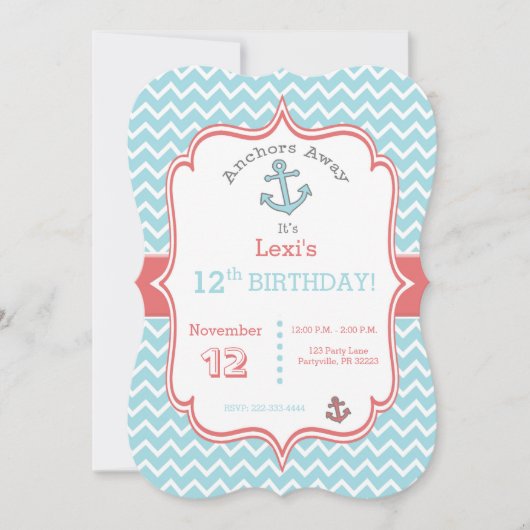 シェブロンのプリントのいかりの誕生日の招待 招待状 (正面)