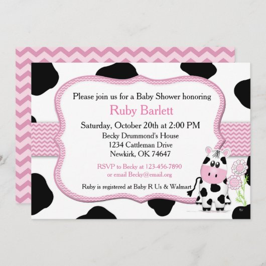 シェブロンのプリントを持つ女の子牛ベビーシャワーの招待状 招待状 (正面/裏面)