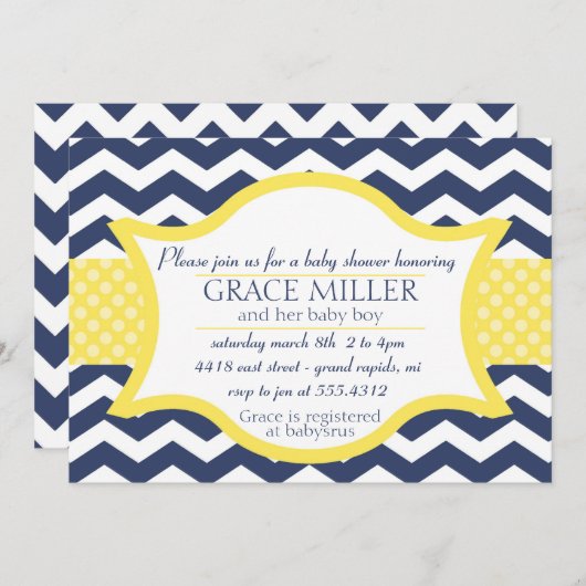 シェブロンのベビーシャワーの招待。 濃紺および黄色 招待状 (正面/裏面)