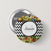 シェブロンのモダンで黒いヴィンテージの花のモノグラムおよび名前 缶バッジ (正面&裏面)