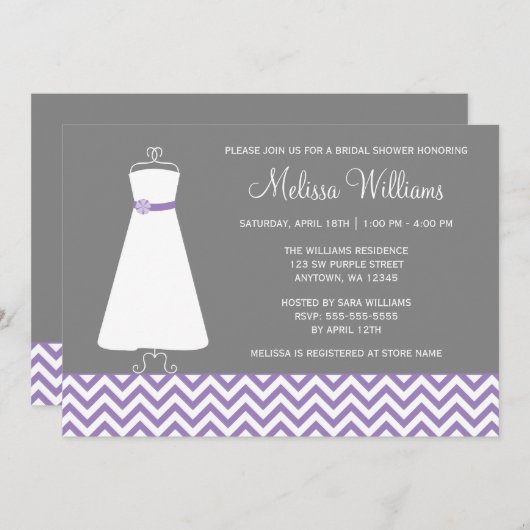 シェブロンのモダンなガウンの紫色の灰色のブライダルシャワー 招待状 (正面/裏面)