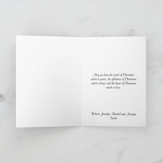 シェブロンの休日の青いオーナメントを持つ白いシカ シーズンカード (内部)