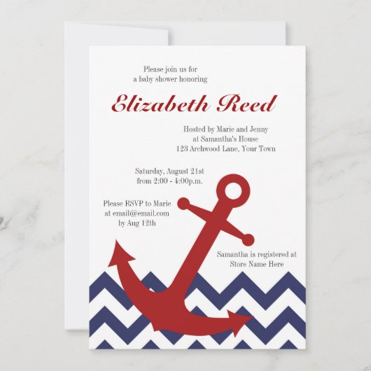 シェブロンの海のベビーシャワーの航海のないかり 招待状 (正面)