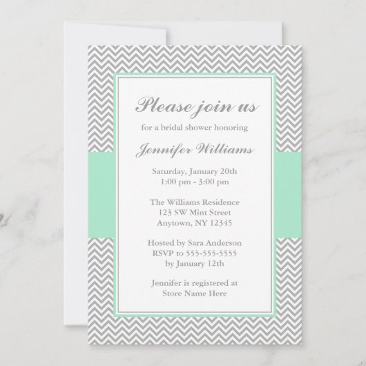 シェブロンの真新しく、灰色のブライダルシャワー 招待状 (正面)