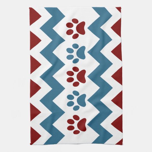 シェブロンの赤く青い子犬の足は犬の恋人のギフトを印刷します キッチンタオル (縦)