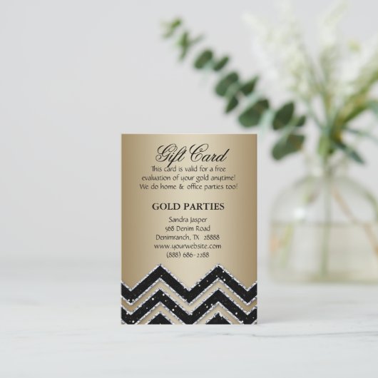 シェブロンの金ゴールドのパーティーのギフトカード黒のグリッター 割引カード (スタンド正面)