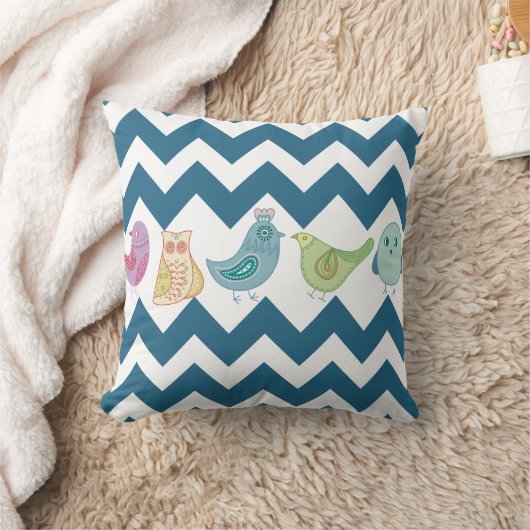 シェブロンの青いストライプのお洒落でかわいい鳥のフクロウ クッション (ブランケット)