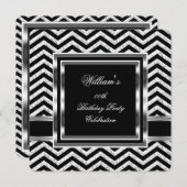 シェブロンエレガントブラックシルバーバースデーパーティーメンズ 招待状 (正面/裏面)