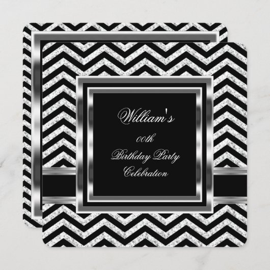 シェブロンエレガントブラックシルバーバースデーパーティーメンズ 招待状 (正面/裏面)