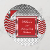 シェブロンエレガントレッドシルバーバースデーパーティーメンズ 招待状 (正面/裏面)