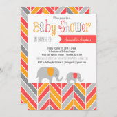 シェブロンエレファントベイビーシャワー招待状コーラルグレー 招待状 (正面/裏面)