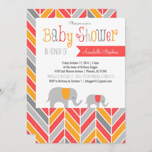 シェブロンエレファントベイビーシャワー招待状コーラルグレー 招待状 (正面/裏面)