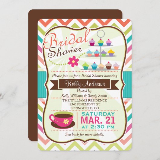 シェブロンカラフルカップケーキティーブライダルシャワー 招待状 (正面/裏面)
