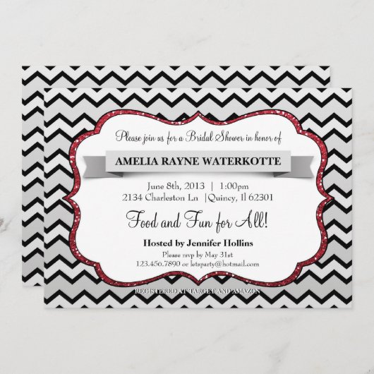 シェブロングモダンレーレッドブライダルシャワー招待状 招待状 (正面/裏面)