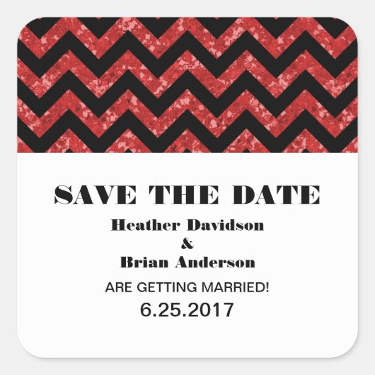 シェブロングリッター日付ステッカー、赤を保存 スクエアシール (正面)