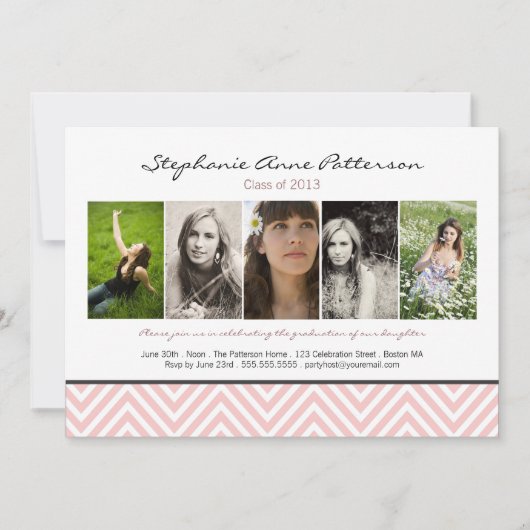 シェブロンシック5写真卒業発表ピンク 招待状 (正面)