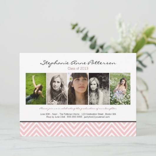 シェブロンシック5写真卒業発表ピンク 招待状 (スタンド正面)