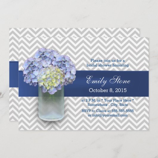 シェブロンストライプズ紫陽花メイソンジャーブライダルシャワー 招待状 (正面/裏面)