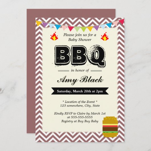 シェブロンストライプパーティの招待状ベビーシャワー 招待状 (正面/裏面)