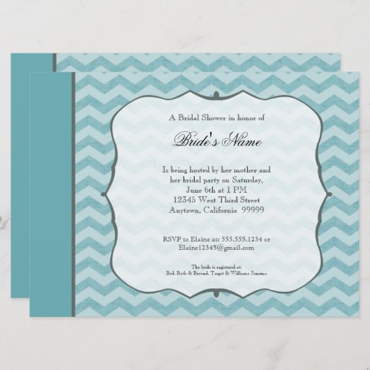 シェブロンパターンブラケットフレームのティール（緑がかった色）のブライダルシャワー 招待状