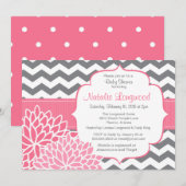 シェブロンフローラベビーまたはブライダルシャワーホットピンク 招待状 (正面/裏面)