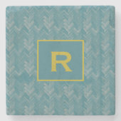 シェブロンヘリンボーンパターンターコイズイニシャル ストーンコースター (正面)