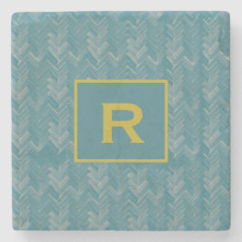 シェブロンヘリンボーンパターンターコイズイニシャル ストーンコースター