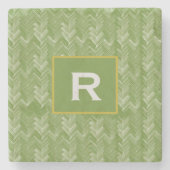 シェブロンヘリンボーンパターンフォレストグリーンイニシャル ストーンコースター (正面)