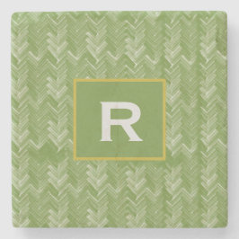 シェブロンヘリンボーンパターンフォレストグリーンイニシャル ストーンコースター