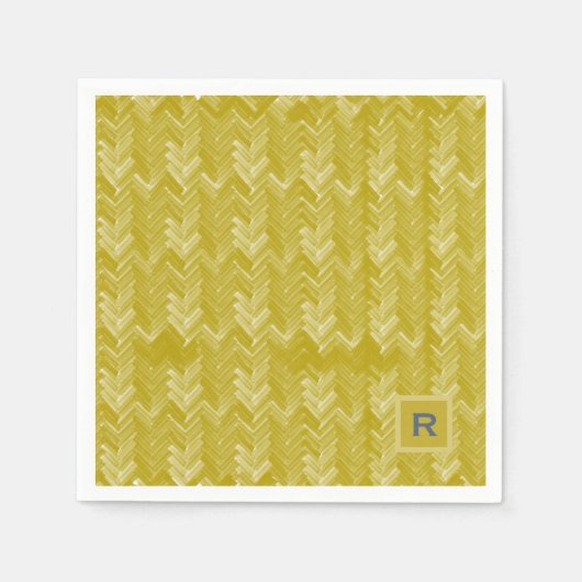 シェブロンヘリンボーンパターンヴィンテージ金ゴールドイニシャル スタンダードカクテルナプキン (正面)