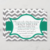 シェブロンベビーシャワー招待状。グレーとジェイド 招待状 (正面/裏面)