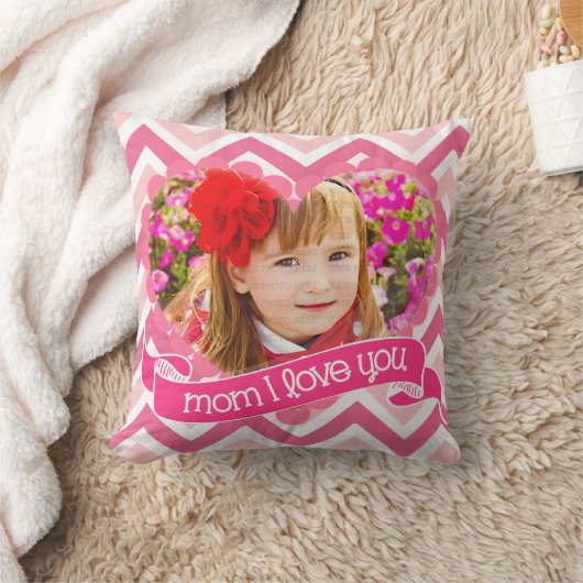 シェブロンモダンなピンクのI愛お母さん-カスタムな写真 クッション (ブランケット)