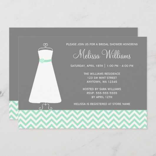 シェブロンモダンガウンミントグレイブライダルシャワー 招待状 (正面/裏面)
