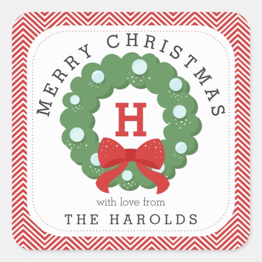 シェブロンモダンメリークリスマスリースモノグラムの スクエアシール (正面)