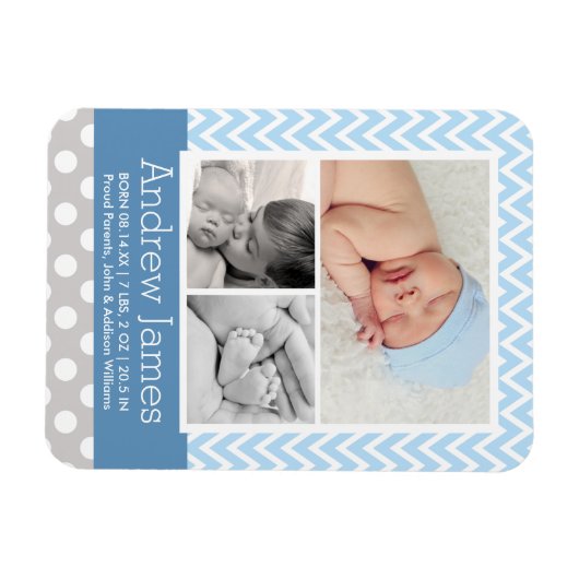 シェブロンモダン男の赤ちゃんブルーグレーフォト誕生 マグネット (横)