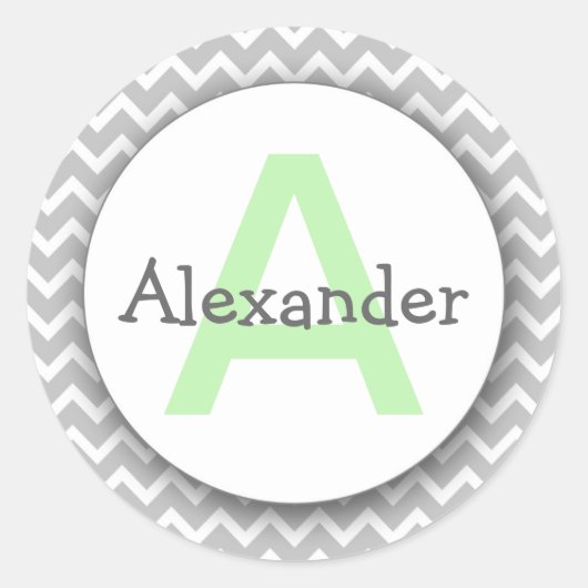 シェブロンモノグラム蔵書票ステッカーグレイ ラウンドシール (正面)