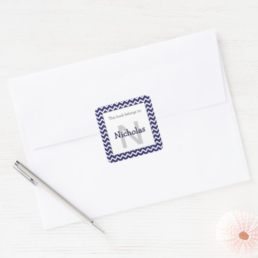 シェブロンモノグラム蔵書票ステッカーネイビーブルー スクエアシール (封筒)