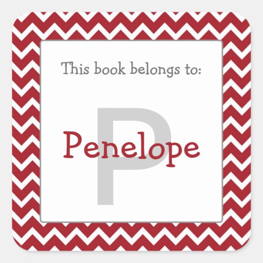 シェブロンモノグラム蔵書票ステッカーバーガンディーレッド スクエアシール (正面)