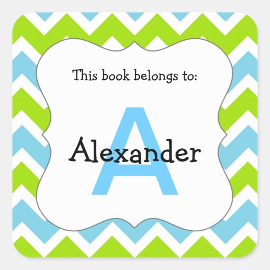 シェブロンモノグラム蔵書票ステッカーブルー緑 スクエアシール (正面)