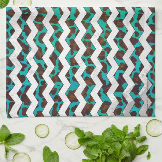 シェブロンレオパードブラウンとティール(緑がかった色)プリント キッチンタオル (折り畳み)