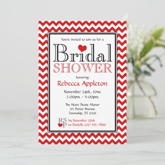 シェブロンレッド&ホワイトブライダルシャワー招待状 招待状 (スタンド正面)