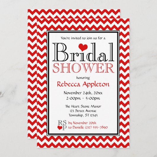 シェブロンレッド&ホワイトブライダルシャワー招待状 招待状 (正面/裏面)