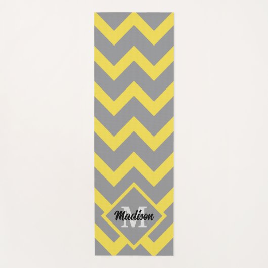 シェブロン黄色の灰色のパターン線ストライプモノグラム ヨガマット (正面)