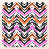 シェブロン黒く、オレンジ、およびピンクの手描きのパターン スクエアペーパーコースター (正面)