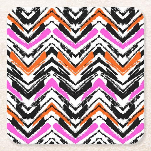 シェブロン黒く、オレンジ、およびピンクの手描きのパターン スクエアペーパーコースター (正面)