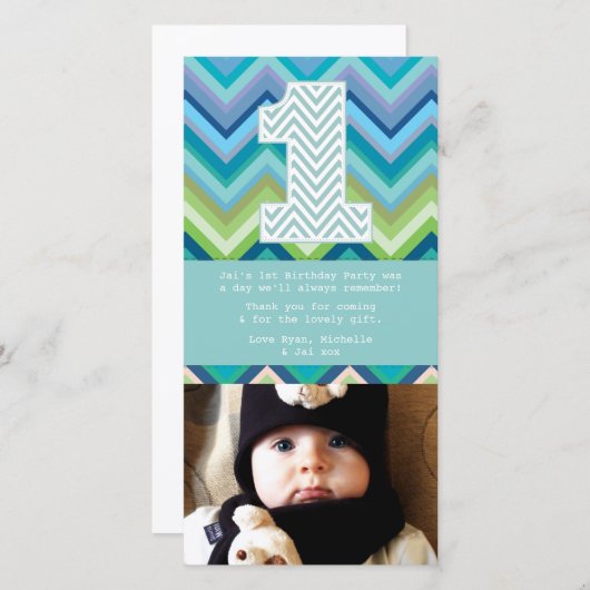 シェブロン1歳の誕生日ありがとうフォトカードメモ サンキューカード (正面/裏面)