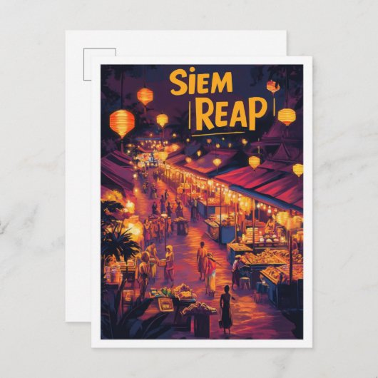 シェムリアップカンボジアアートヴィンテージトラベルイラストレーション ポストカード (正面/裏面)